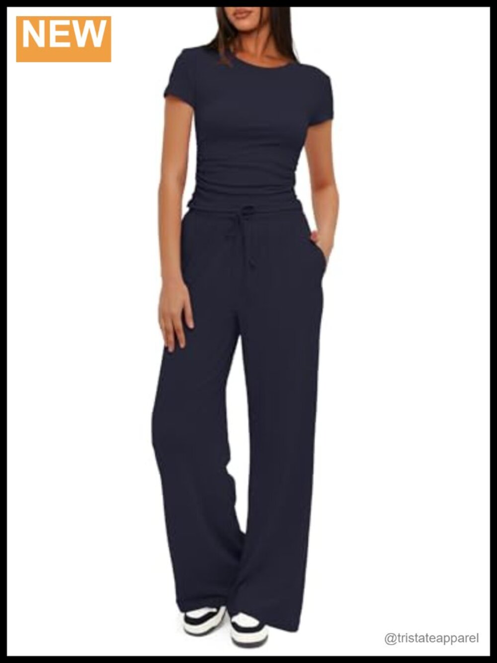Women's 2 Piece Lounge Set Ruched Short Sleeve Wide Leg Pants Travel Outfit